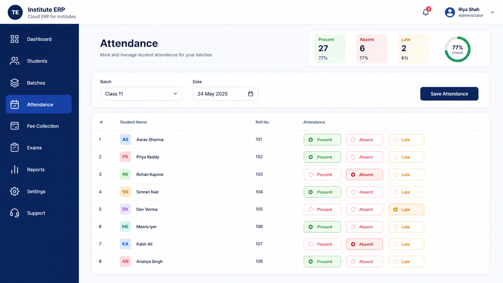 TuitionERP attendance screen showing student statuses and batch summary