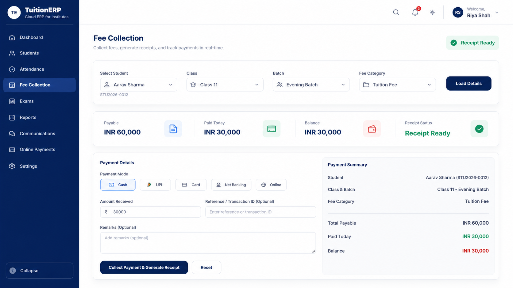 TuitionERP fee collection workspace showing student selection, payment details, balances, and receipt status